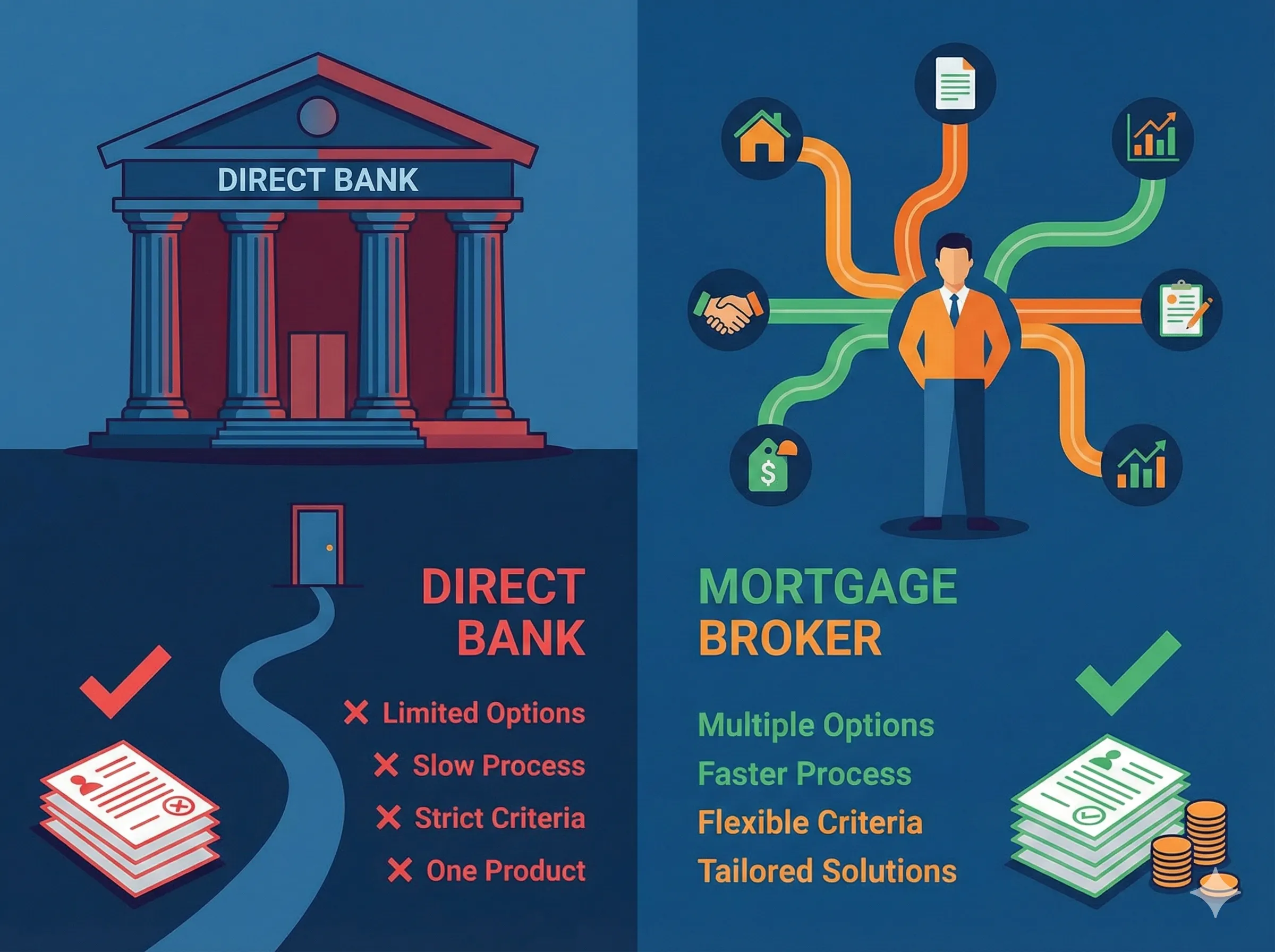 Broker vs Bank comparison - Brokers offer 100+ lenders, impartial advice, exclusive rates, and ongoing support